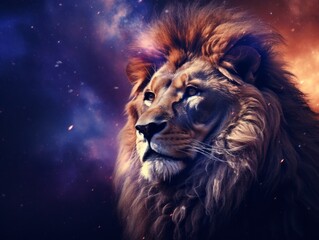 Leo zodiac sign, majestic lion against a cosmic background with stars and galaxies.
