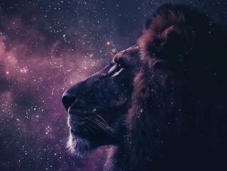 Naklejka premium Leo zodiac sign, lion's profile against a star-filled night sky.