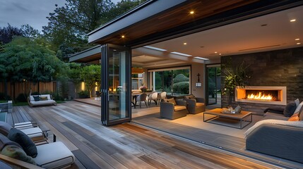 indoor-outdoor living area with bi-folding doors that open to a decked patio