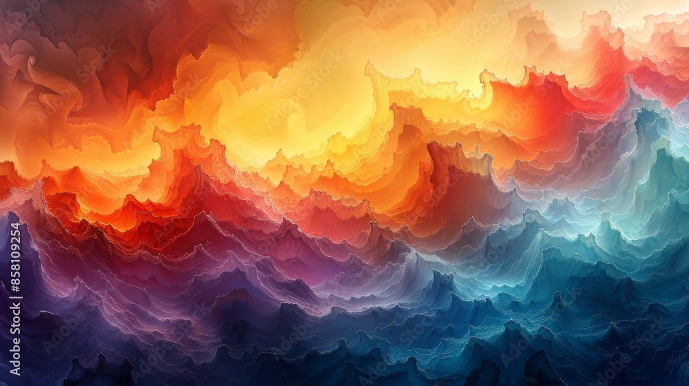 Poster an abstract representation of ocean waves with vibrant colors and light, showcasing the dynamic and 
