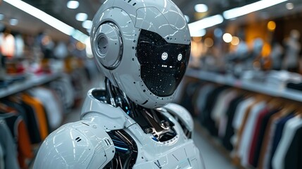 A sleek robot with a smooth reflective surface stands in a futuristic store, highlighting the integration of advanced AI and robotics into modern-day retail experiences.