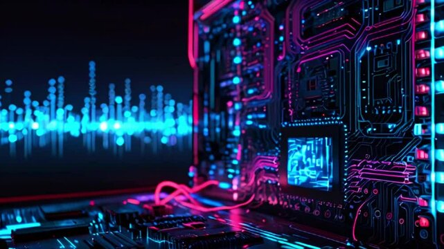 This is an illustration of the inside of a computer case. There is a blue and pink glowing circuit board with a pink cable. To the left, there is a blue and white sound wave graphic.