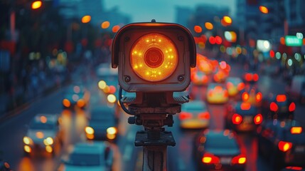 Fototapeta premium A traffic surveillance camera capturing city nightlife. The camera emits a red light while overseeing a downtown area filled with blurred vehicle lights and bustling activity.
