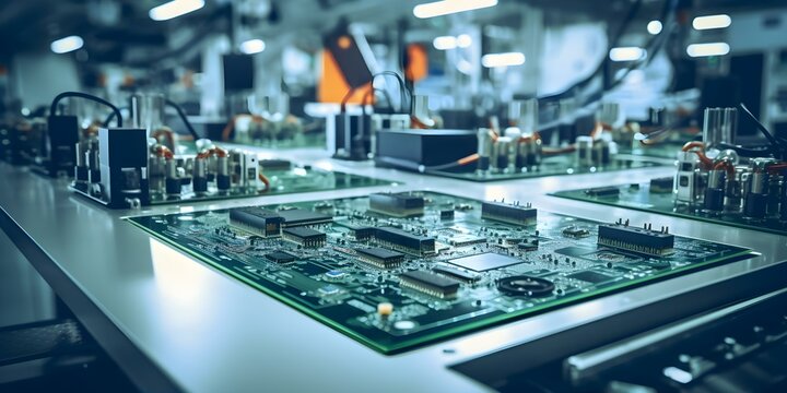 Hightech PCB assembly line with component installation machine and advanced processing. Concept PCB Assembly Line, Component Installation Machine, Advanced Processing, High-Tech Technology