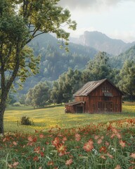 Fototapeta premium Scenic rural landscape with a rustic wooden barn surrounded by wildflowers, lush greenery, and mountains in the background.