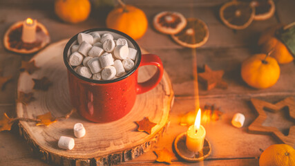 Cute cozy winter composition. red mug, marshmallows, oranges and Christmas lights.