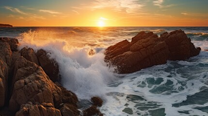 Obraz premium sunset seascape on rocky beach