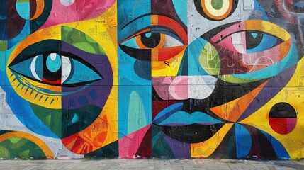 Urban graffiti art with bold colors and dynamic designs, covering a large city wall