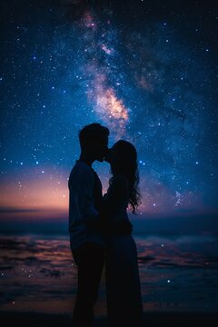Silhouetted couple sharing a romantic kiss under the starry night sky with the Milky Way galaxy shining brightly above them.