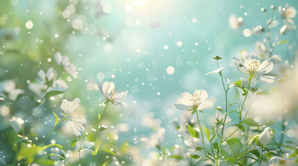 Spring flower banner positioned at the bottom with ample free space above, showcasing pastel colors such as blue, green, and white against a blurred background of lush greenery bathed in sunshine