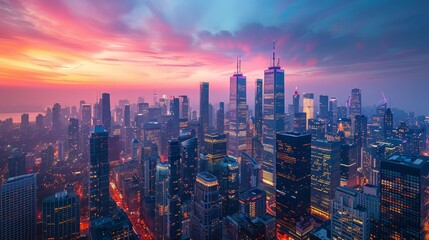 Fototapeta premium Urban skyline with towering skyscrapers and a bustling city below, captured at dusk