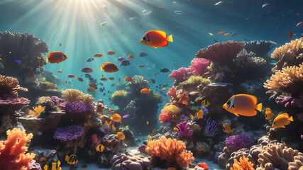 Obraz premium An underwater scene of a vibrant coral reef. Colorful fish swim among the corals, and sunlight filters through the water, creating a beautiful play of light and shadows.