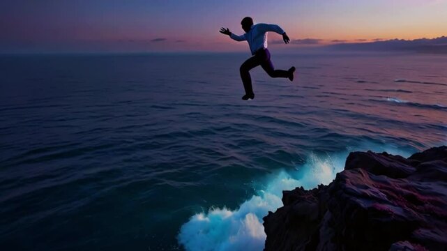 A man is jumping off a cliff into the ocean. The water is very rough and there are large waves crashing against the cliff. The man is wearing a suit and tie.