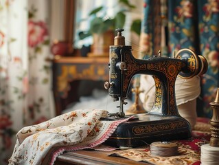 Vintage sewing machine with ornate details, set on a wooden table with fabric and threads
