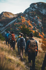 Obraz premium travel hike group of people walk with backpack around the mountain