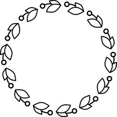 Round floral frame isolated on white background. Border with leaves, wreaths, flower elements. Hand drawn sketch pencil style.