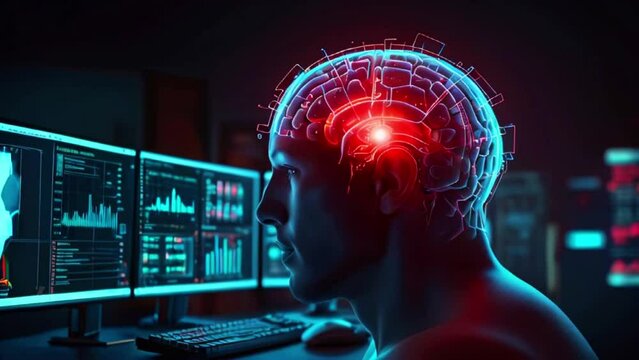 The video shows a person with a glowing brain and a computer screen in front of them.