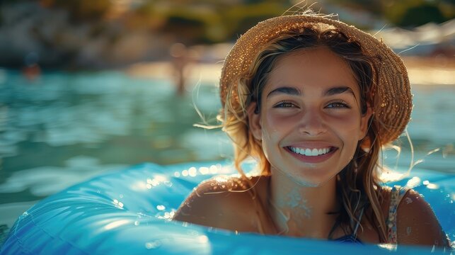 A joyful woman with a sunhat, smiling while floating on an inflatable ring in the clear blue sea, enjoying a bright summer day, capturing leisure and happiness.