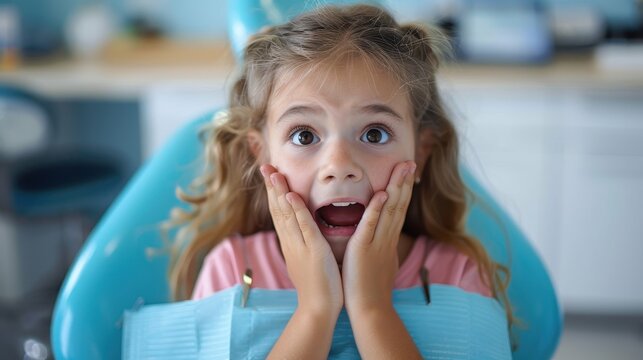 A girl in a dentist chair showing playful shock with hands on her cheeks and wide eyes, capturing a humorous and unexpected moment in a colorful dental clinic.