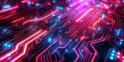 Fototapeta premium 2D illustration, abstract electronic circuit, futuristic technology background, vibrant neon hues, intricate details, high contrast, glowing effects, modern design, sharp clarity