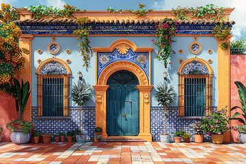 Traditional Spanish facade with colorful tiles.