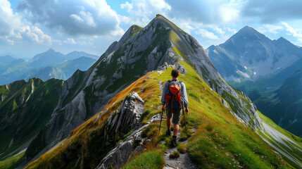 Fototapeta premium Mountain travel man hike walk with backpack around the mountain