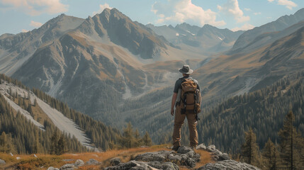 Fototapeta premium Mountain travel man hike walk with backpack around the mountain