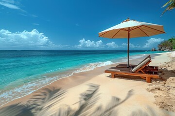 Fototapeta premium A serene beach scene with golden sand, clear blue waters, and a beach umbrella casting shade over a lounge chair. 