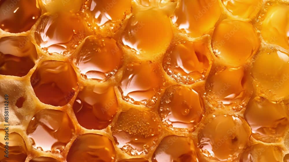 Poster a macro shot of honeycomb the hexagonal cells b with thick heavy honey almost overflowing and tempti