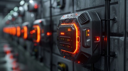 Futuristic Technology Panel With Glowing Red Lights in a Dark Industrial Setting