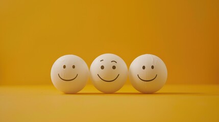 Icons of joy and sorrow on ping pong balls against yellow backdrop Concept of customer contentment or assessment