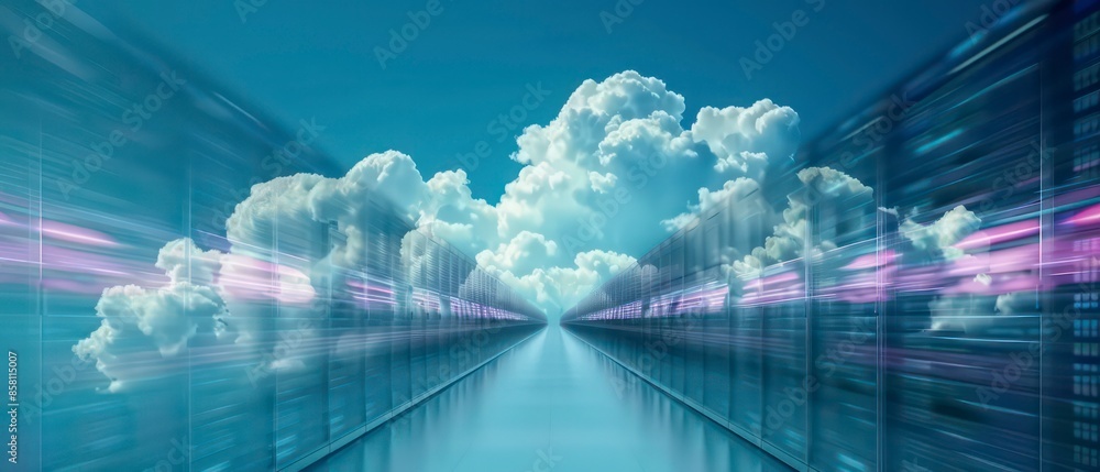 Poster a vibrant digital landscape filled with swirling clouds of data and light. this futuristic concept s