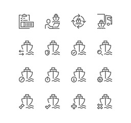 Fototapeta premium Set of ship management related icons, renting price, commercial fleet, ship route, container stacking and linear variety vectors.