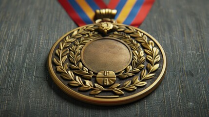 Naklejka premium Close-up of a gold medal equipped with a red and blue ribbon, lying on a wooden surface, symbolizing victory and achievement.