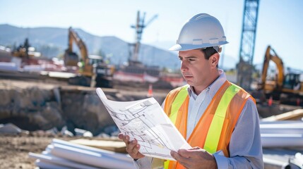 Engineer analyzing blueprints at a construction site with excavators and cranes in the background, wearing safety gear.