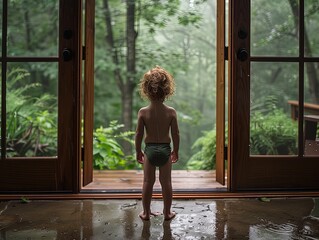 Curious Boy with Green Shorts Observing Forest Through Window
