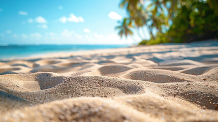 Close view of beautiful tropical sand beach with coconut trees in the background,, macro photography.