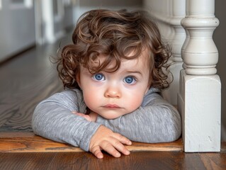 Fototapeta premium Curly-Haired Child Relaxing on White Flooring