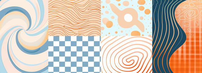 4 Retro Groovy Background Vector Presentation Designs: Spiral Pattern & Wavy Lines in Pastel Orange Color Style