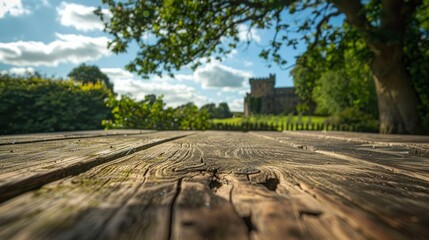 Close-up photo of an old oak table with a view of an orchard's English castle.