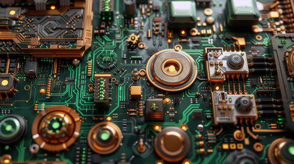Fototapeta premium Robotics Circuit Board An abstract representation of a robotics circuit board with mechanical elements and electronic components.