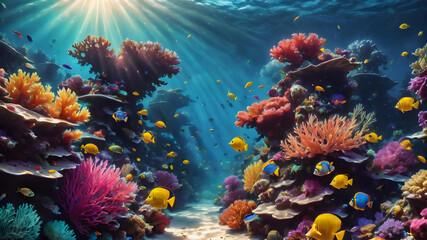 Obraz premium An underwater scene of a vibrant coral reef. Colorful fish swim among the corals, and sunlight filters through the water, creating a beautiful play of light and shadows.