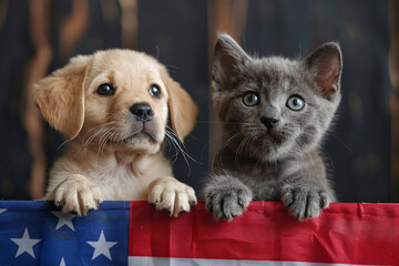 A patriotic American pet labrador puppy dog and kitten cat over a red, white, and blue sign for July 4th party invite. Suitable for patriotic events and pet lovers.
