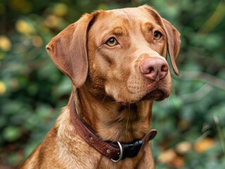 Brown Dog in Lush Garden with Shiny Coat and Collar