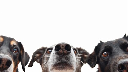 Close up shot of three dogs gazing at camera White background