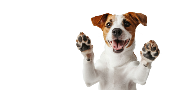 happy dog giving a high five isolated on white, with copy space area, transparency background
