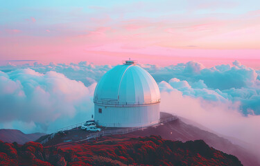 Hawaii Observatory Dome on Mountain Top with Clouds at Dusk
