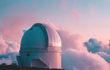 Hawaii Observatory at Dusk: White Dome, Mountain View with Cars, Pastel Sky