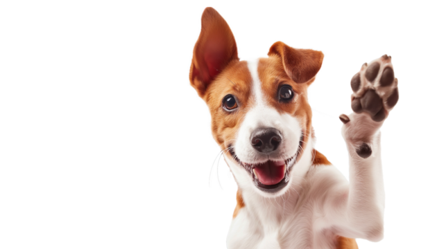 happy dog giving a high five isolated on white, with copy space area, transparency background