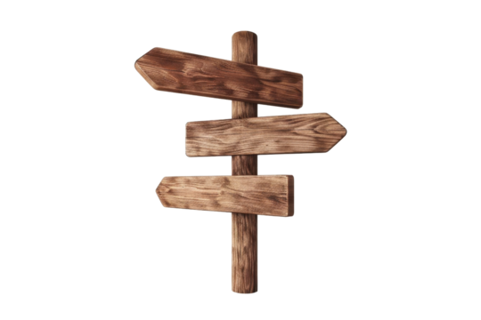 Wooden directional signpost with three blank arrows on transparent background. Perfect for navigation, path finding, and adventure themes.